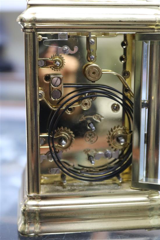 A 20th century French gilt brass repeating carriage clock by LEpee with moonphase dial and subsidiary calendar, month and day dials he